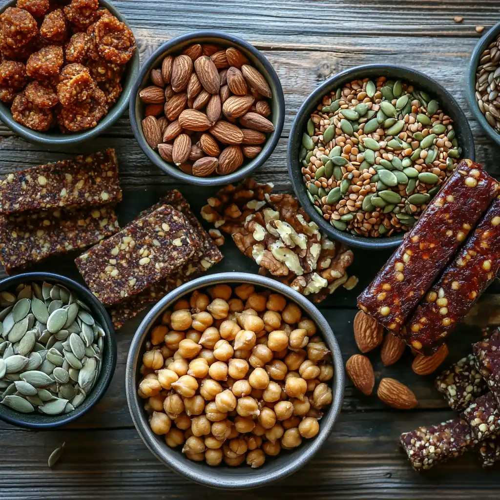 Assorted high-protein gluten-free snacks on a table