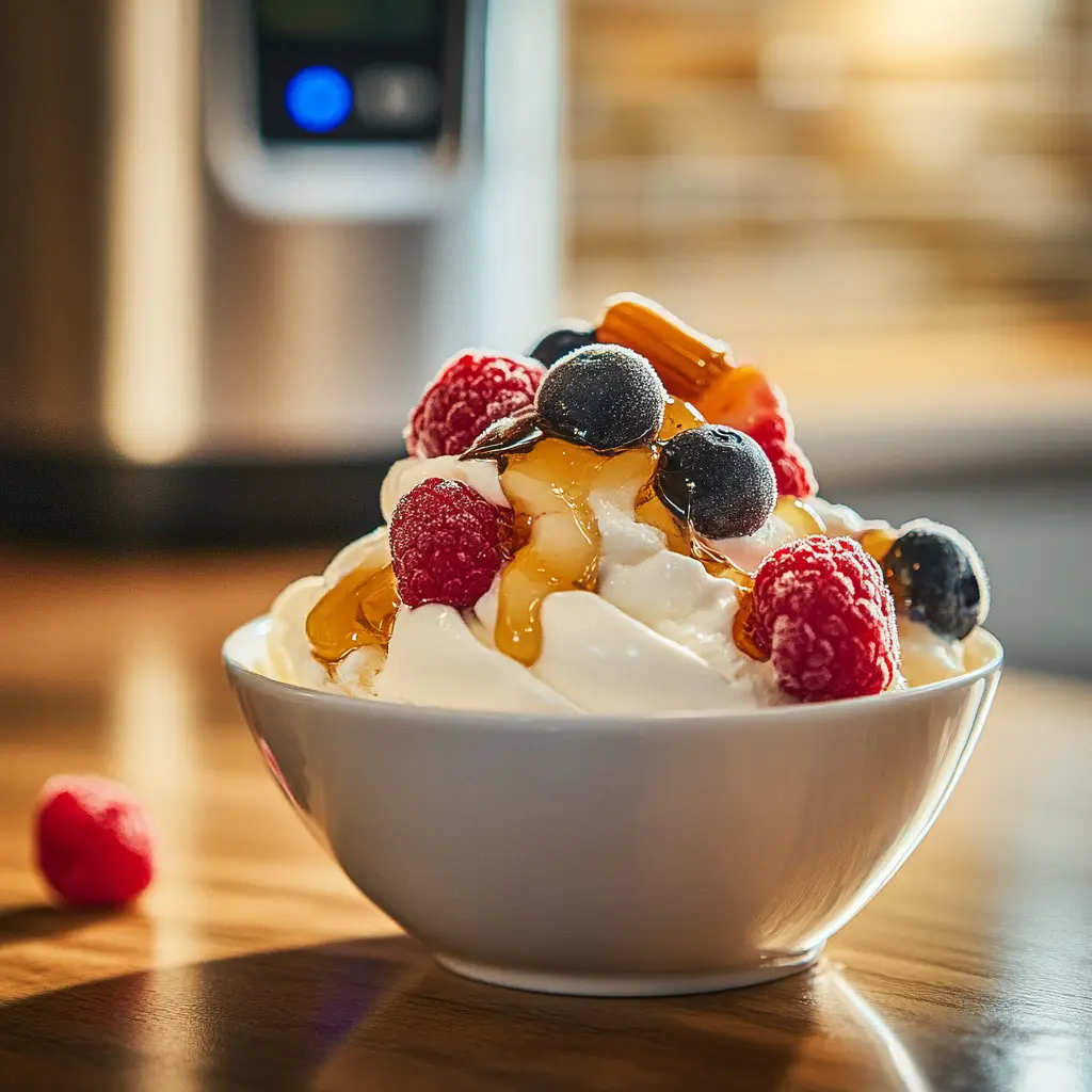 A bowl of creamy yogurt-based ice cream made with the Ninja Creami.