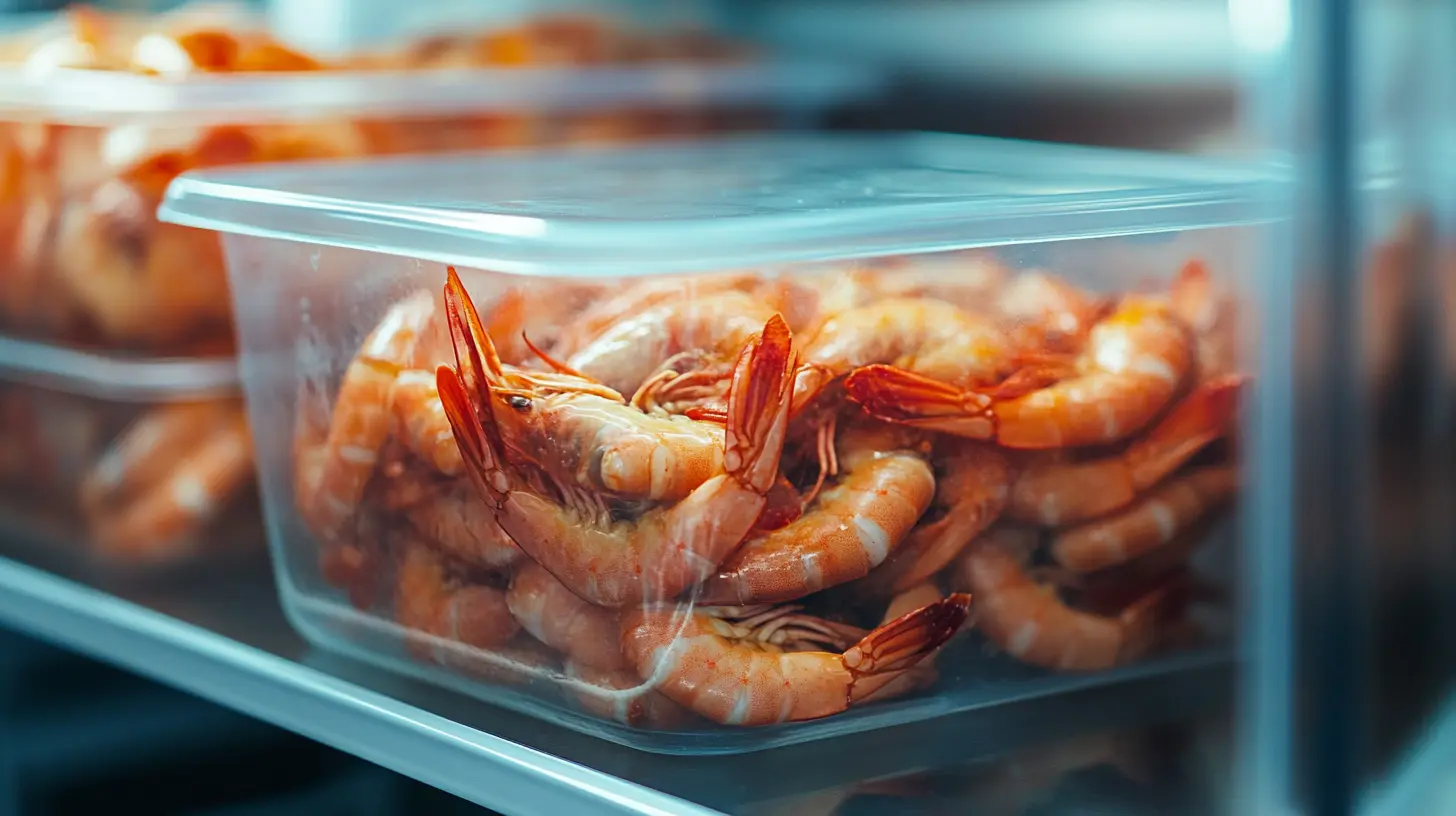 Freshly cooked shrimp stored in a container inside a refrigerator.