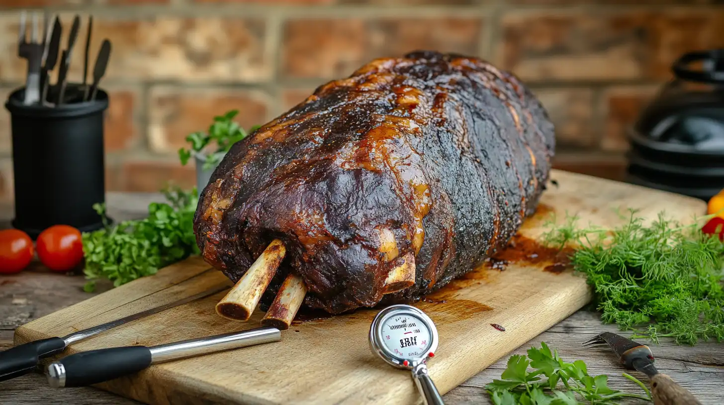 A whole smoked brisket on a wooden cutting board, with a meat thermometer inserted into the thickest part.