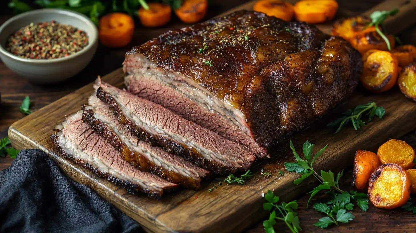 A beautifully sliced brisket on a wooden cutting board, surrounded by fresh herbs and vegetables.