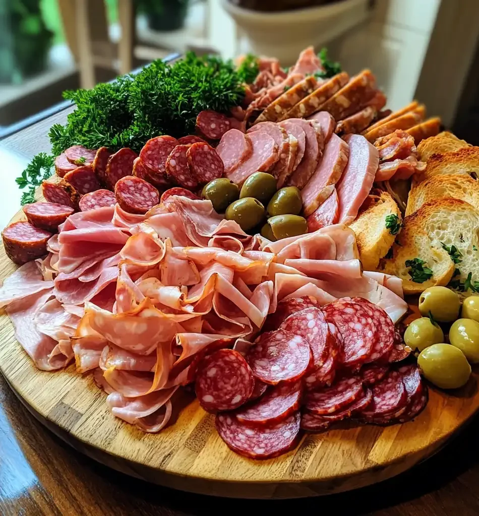 A variety of sliced lunch meats on a wooden platter