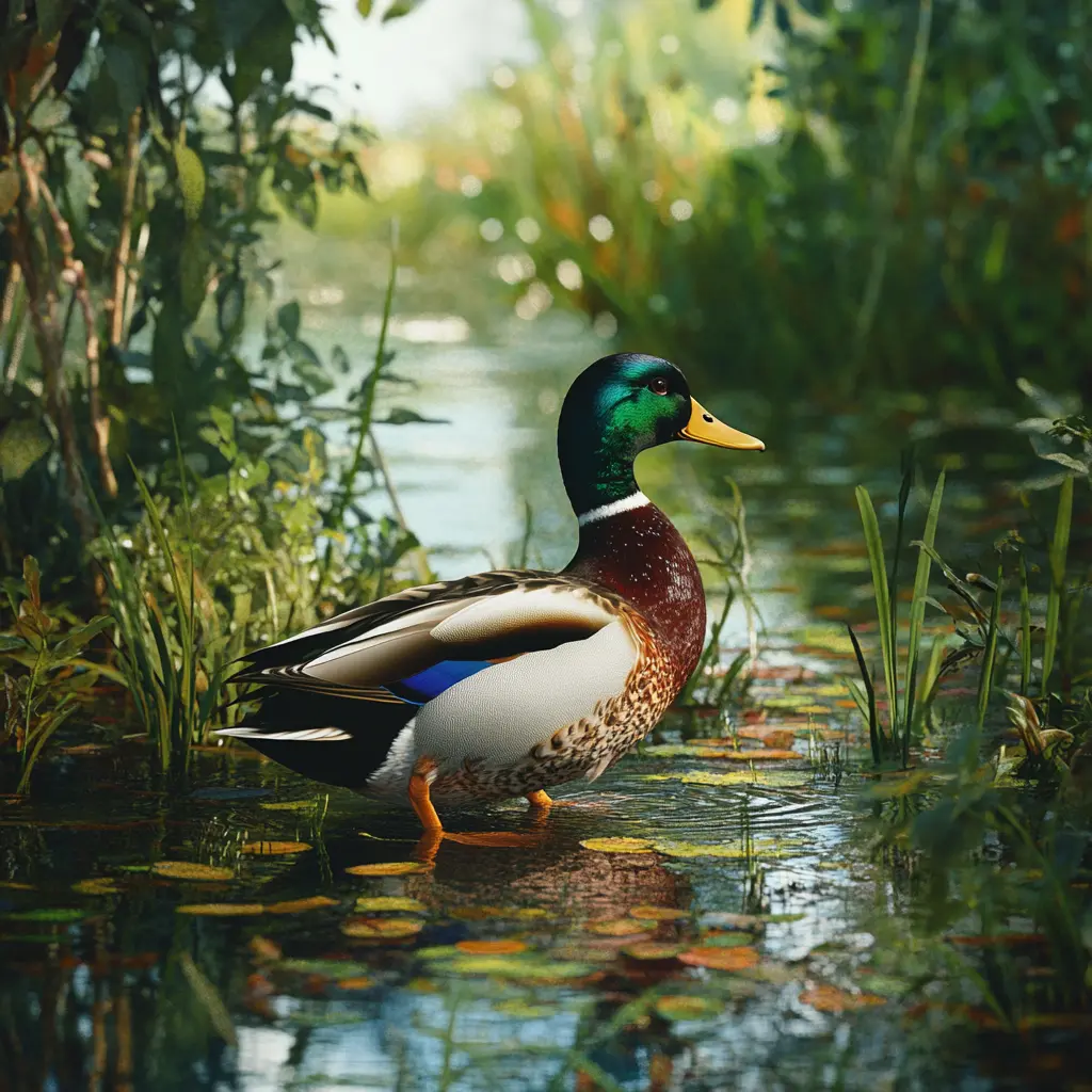 A male duck (drake) foraging near a pond.