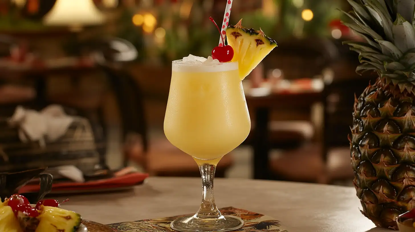 A classic Malibu rum and pineapple juice cocktail garnished with a pineapple wedge.