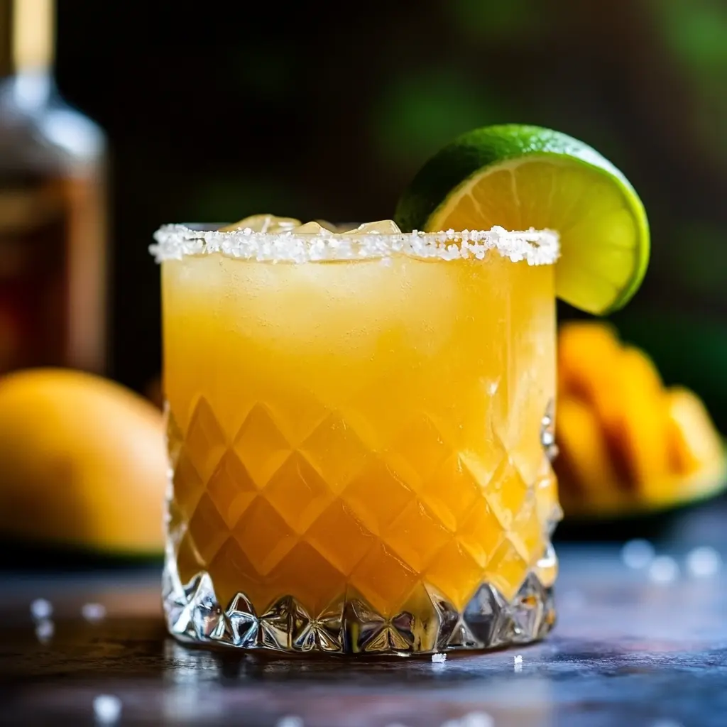 A vibrant mango margarita on the rocks in a glass with a salted rim and garnished with a lime wedge.