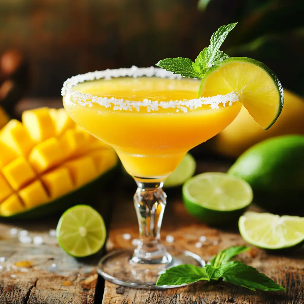 A vibrant Mango Margarita served in a glass with a salted rim and lime garnish