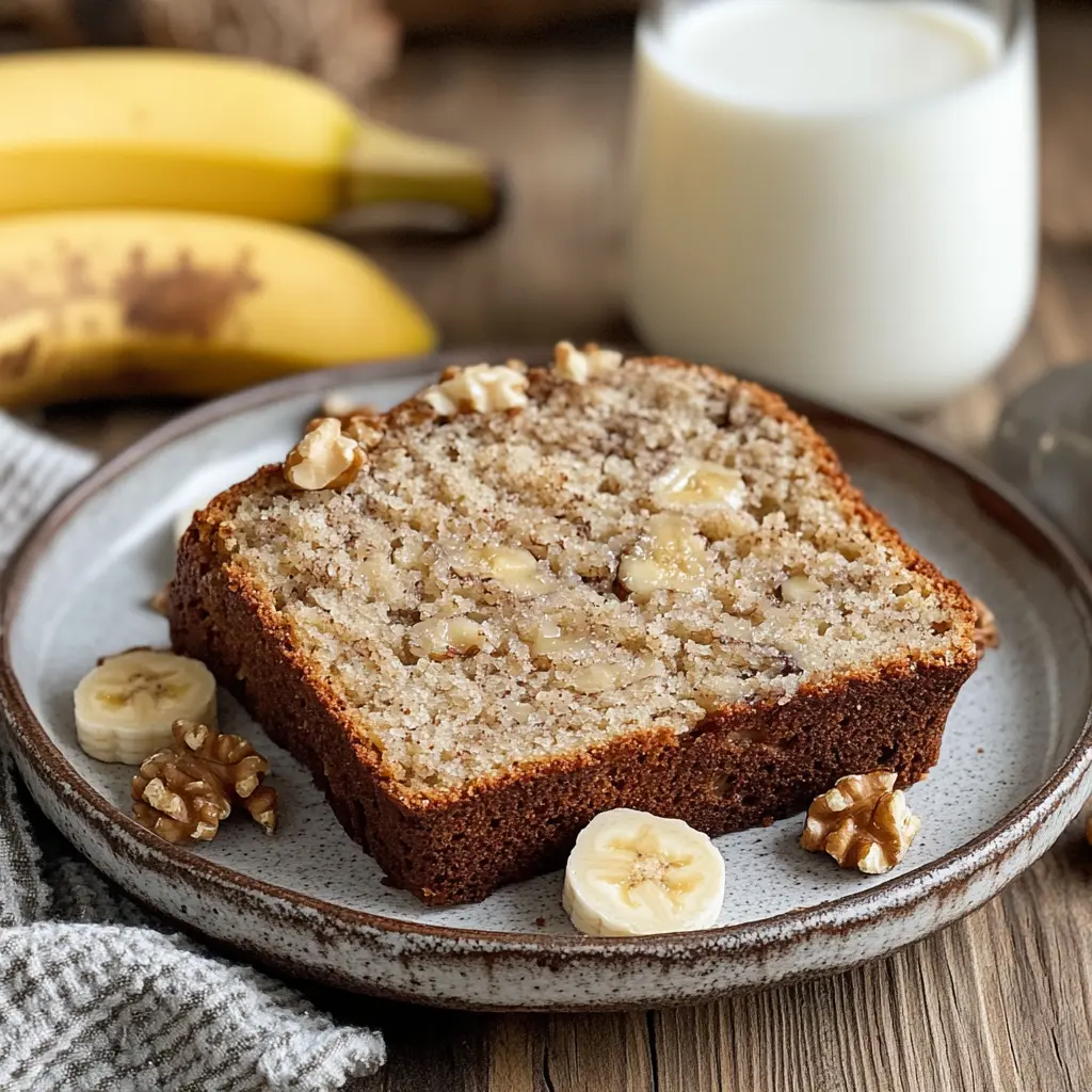 A banana bread slice with almond flour and walnuts on a plate.