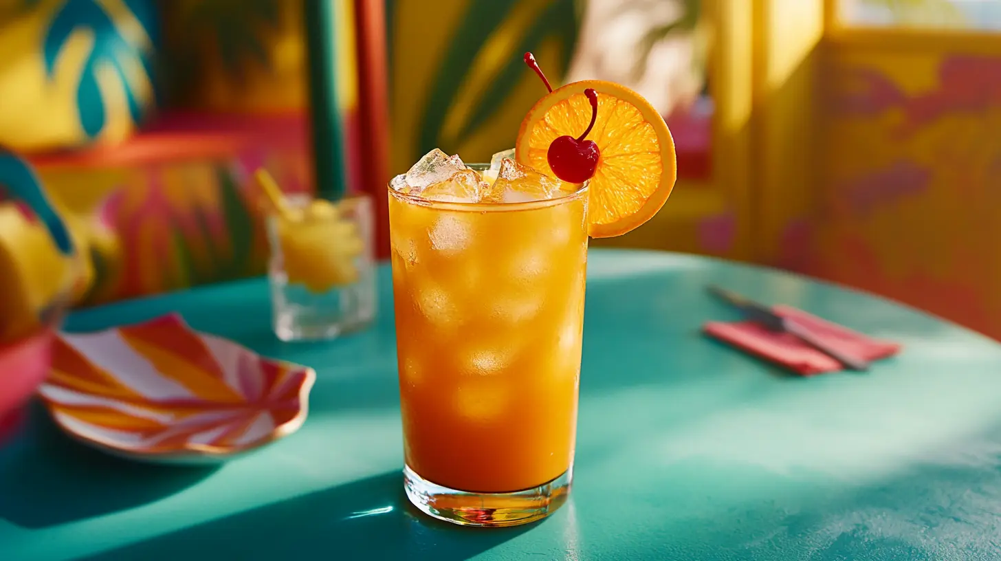 A classic orange juice and rum cocktail garnished with an orange slice.