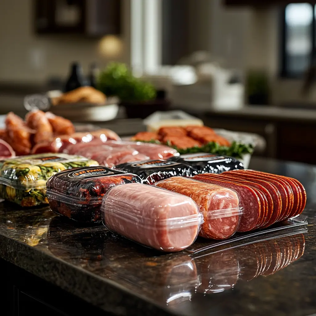 Packaged Land O' Frost lunch meat on a kitchen counter