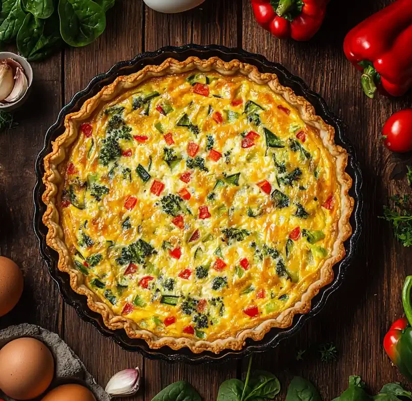 A beautifully baked gluten-free quiche with golden edges, served on a rustic table.