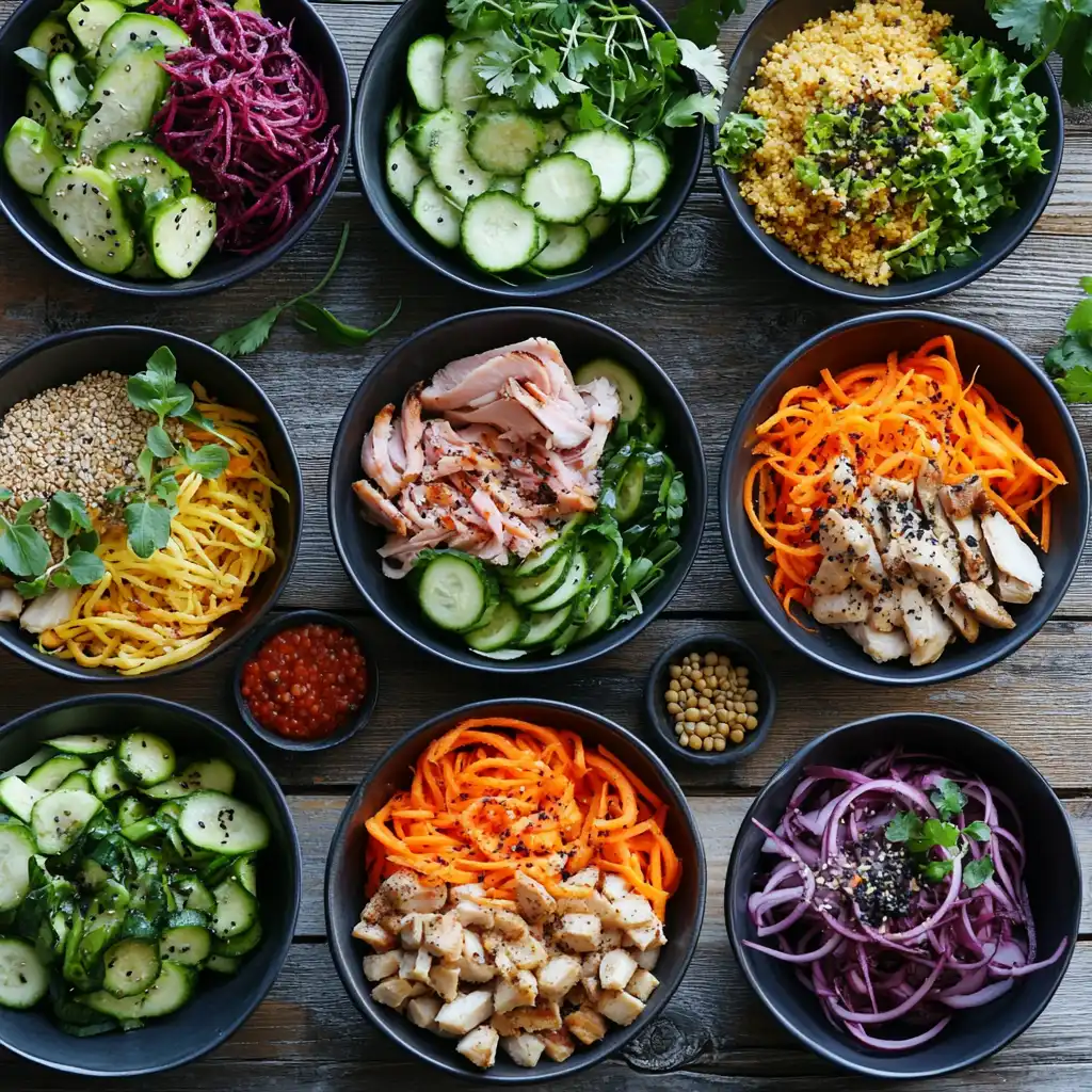 An inviting assortment of gluten-free shoestring protein meals displayed in colorful bowls. Each bowl features vibrant ingredients like spiralized zucchini, shoestring carrots, beets, butternut squash, and cucumbers, paired with proteins such as grilled chicken, seared tuna, lentils, and quinoa. Garnished with fresh herbs, seeds, and drizzles of dressing, the bowls are set on a rustic wooden table with soft natural lighting, highlighting their freshness and nutritious appeal.