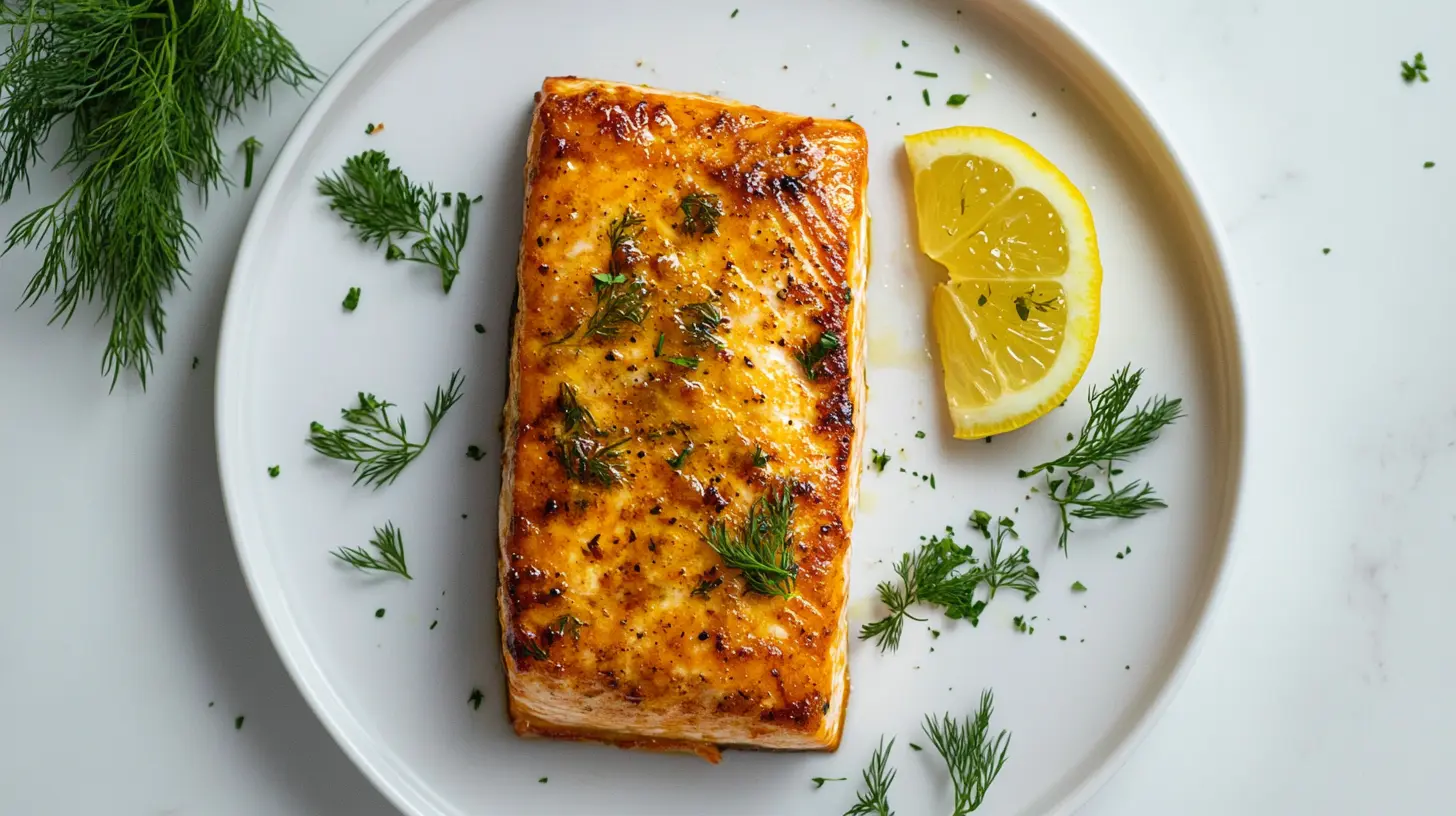 Perfectly cooked salmon fillet on a white plate garnished with lemon and herbs.