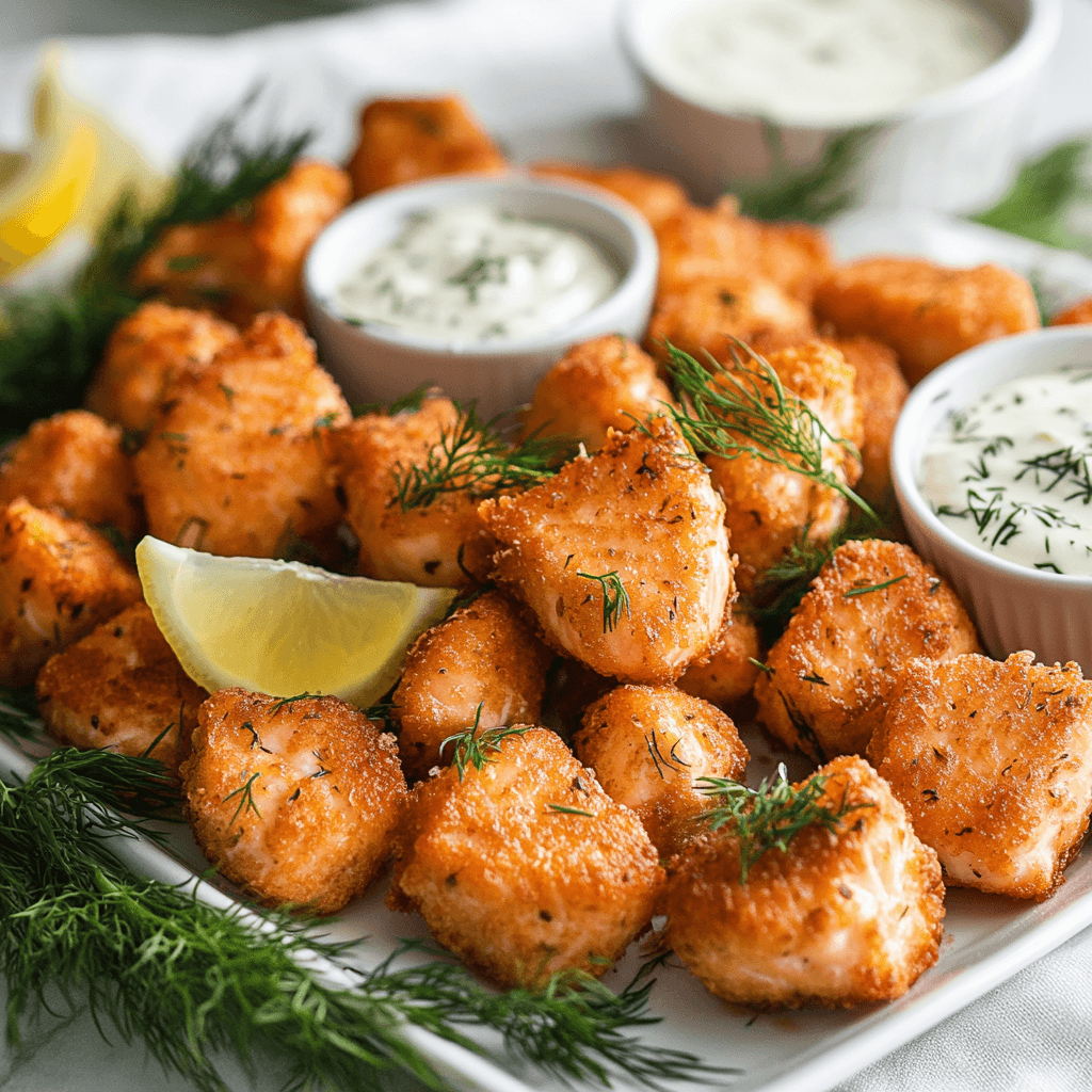 Golden, crispy salmon bites served on a platter.