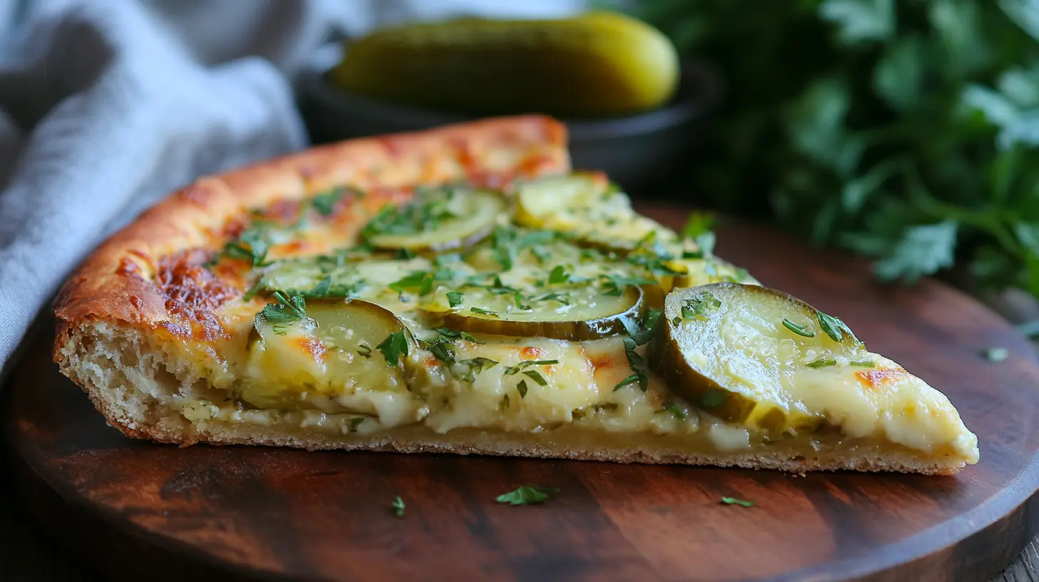 A close-up of a slice of pickle pie pizza with fresh dill garnish.