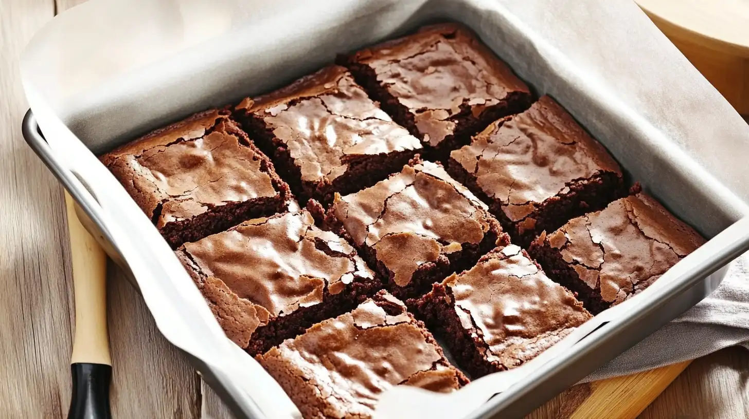 A baking pan with perfectly baked brownies, ready to be served.