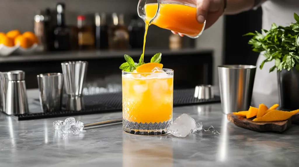 A bartender pouring orange juice into a glass of rum and ice.