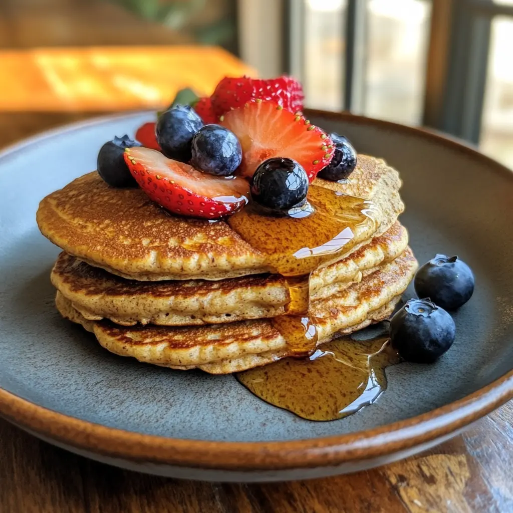 Stack of protein pancakes with fresh fruit and syrup.