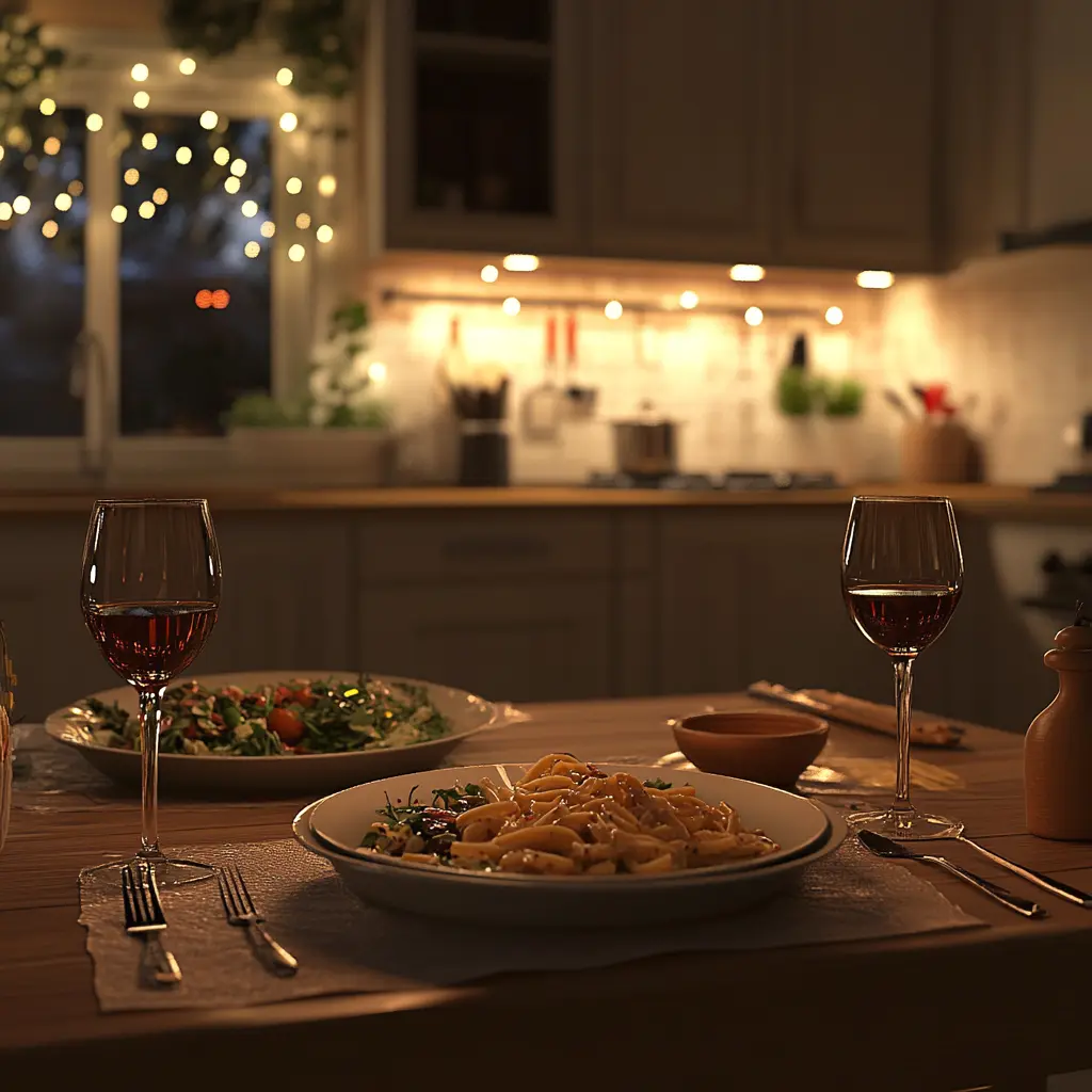 A cozy table setup with two plates of a quick dinner, featuring pasta and salad.