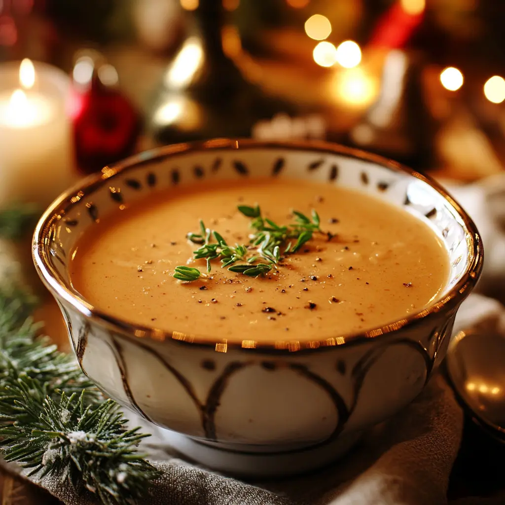 A bowl of gluten-free turkey gravy on a holiday table, garnished with herbs.