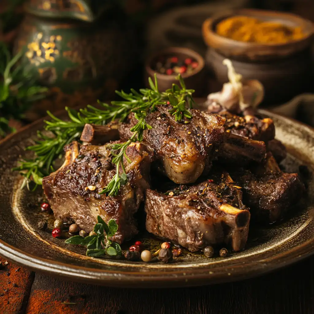 A plate of roasted goat meat garnished with herbs and spices.