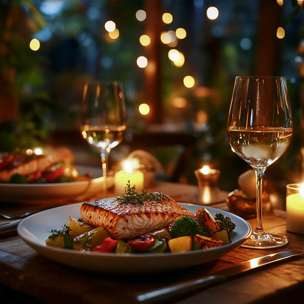 Romantic dinner for two with grilled salmon, vegetables, and candlelit ambiance.