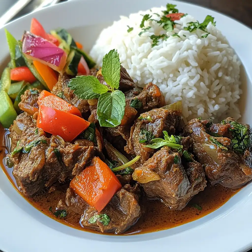 A plated serving of slow-cooked goat meat garnished with herbs and spices.