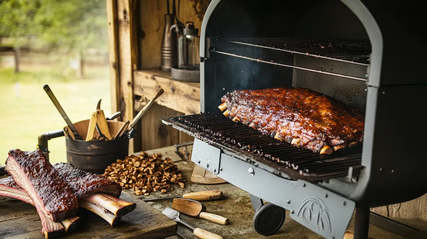 A backyard smoker with brisket and ribs being cooked, surrounded by smoke.