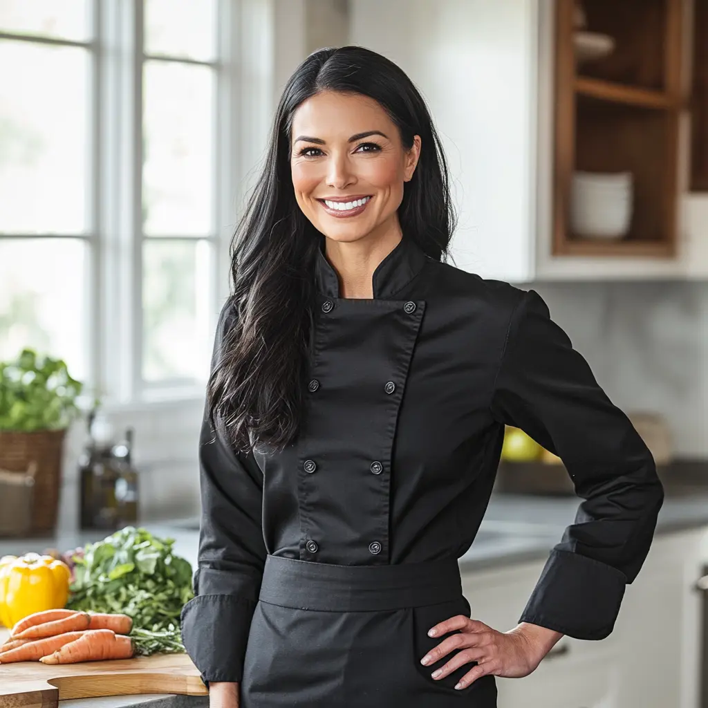 Sophie, a warm and cheerful home cook, standing in a cozy kitchen filled with fresh ingredients, wearing an apron and smiling warmly at the camera, ready to inspire your next culinary adventure.