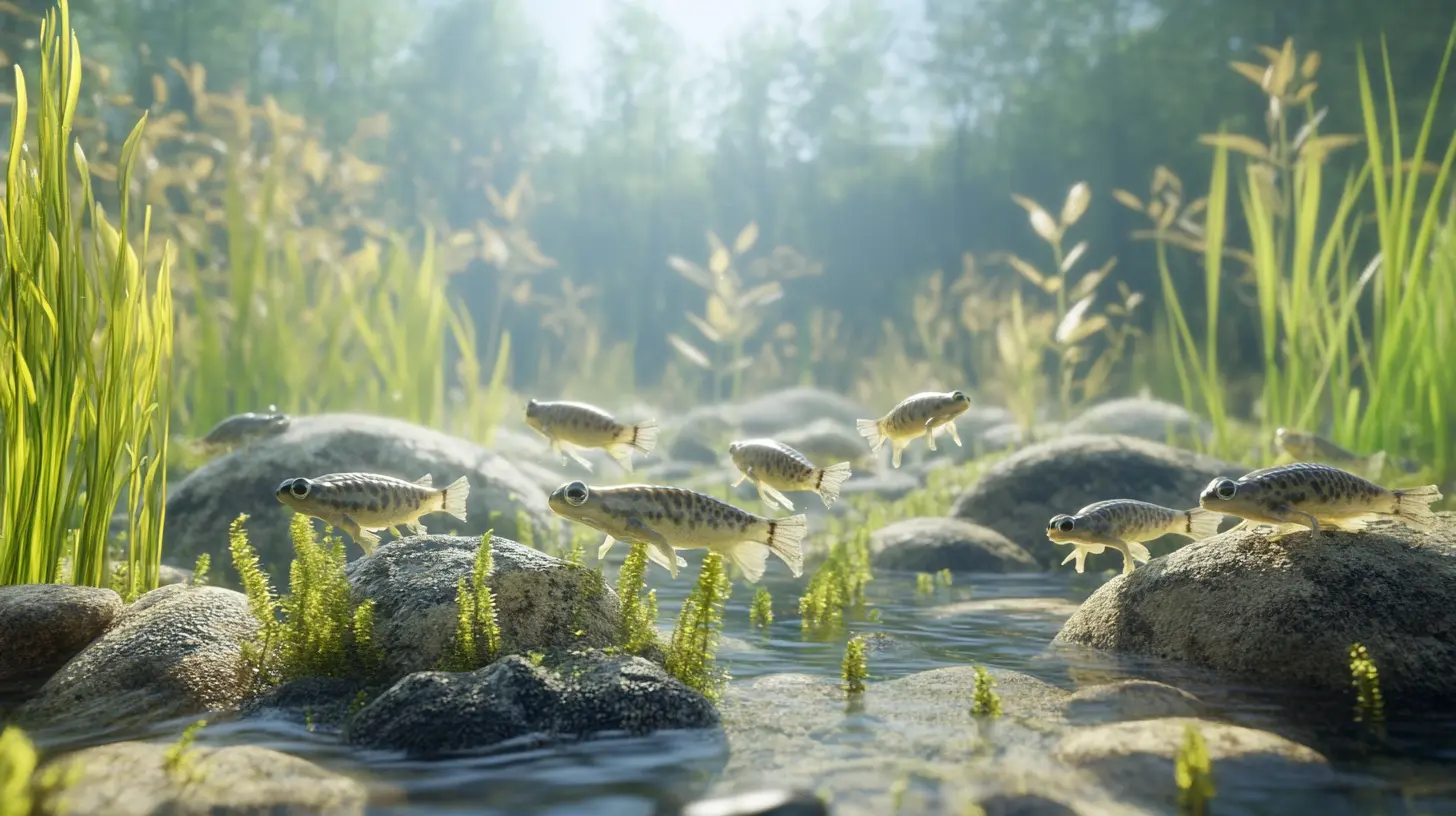 Tadpoles eating algae in a pond