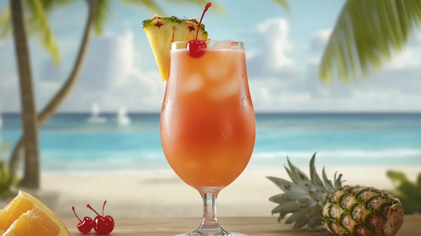 A vibrant Bahama Mama cocktail garnished with a pineapple wedge and cherry.