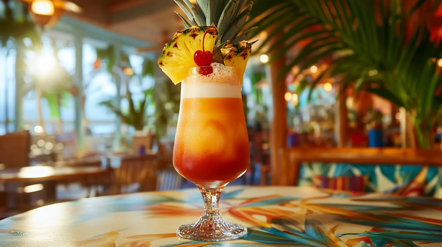 A vibrant Bahama Mama cocktail with tropical garnishes.