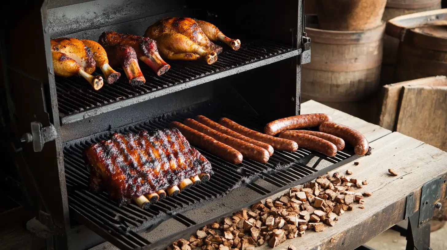 A smoker filled with different types of meats like chicken, ribs, and sausages, surrounded by light smoke.