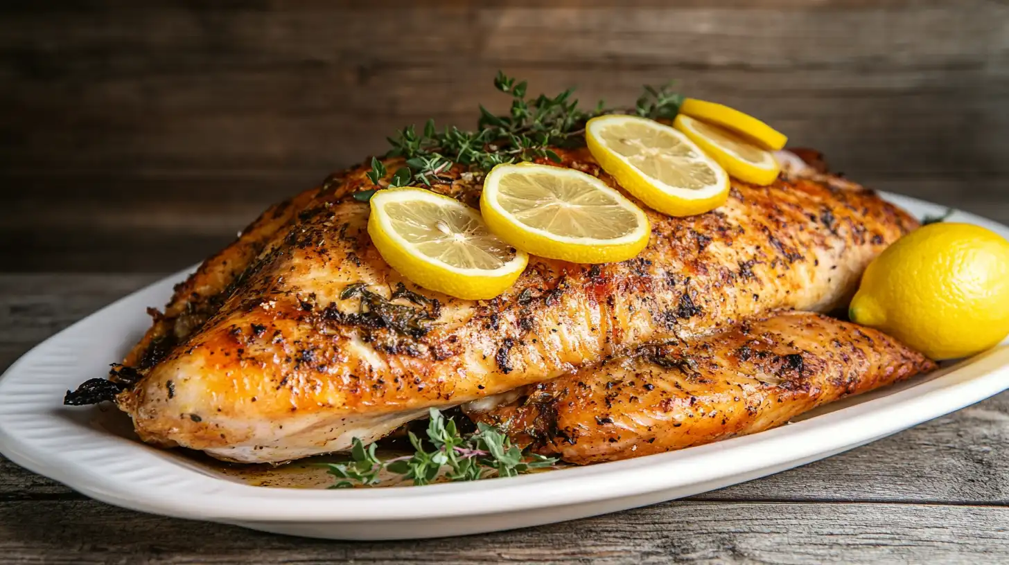 A perfectly cooked whole branzino on a white plate garnished with lemon slices and fresh herbs.