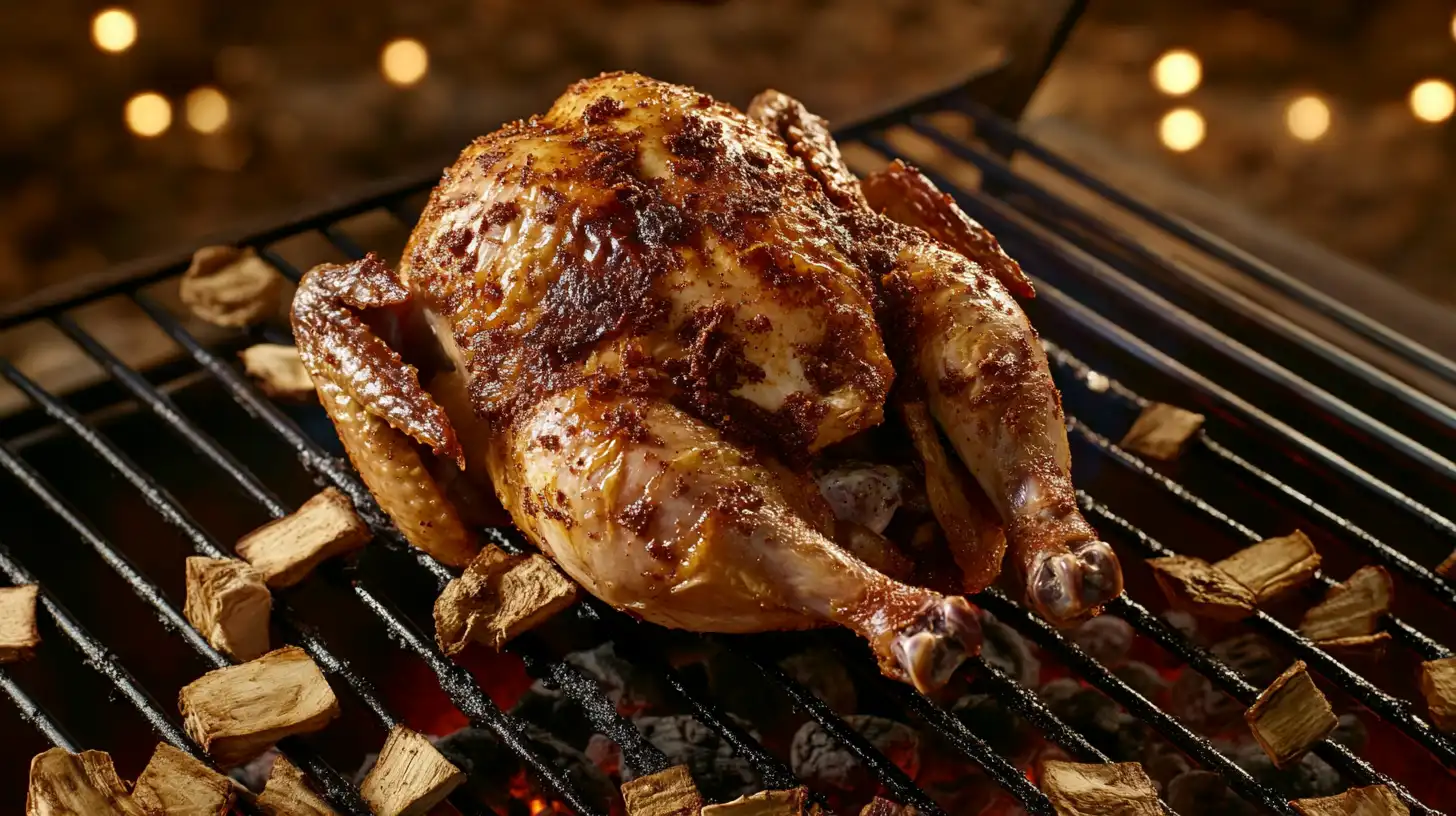 Smoked chicken on a grill with golden, crispy skin, surrounded by smoke.