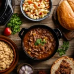 A variety of 3-hour slow cooker meals displayed on a rustic table