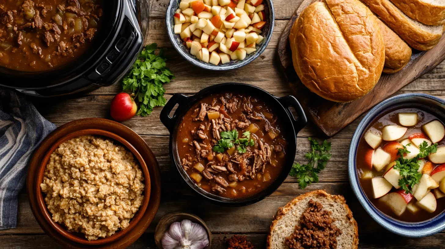 A variety of 3-hour slow cooker meals displayed on a rustic table