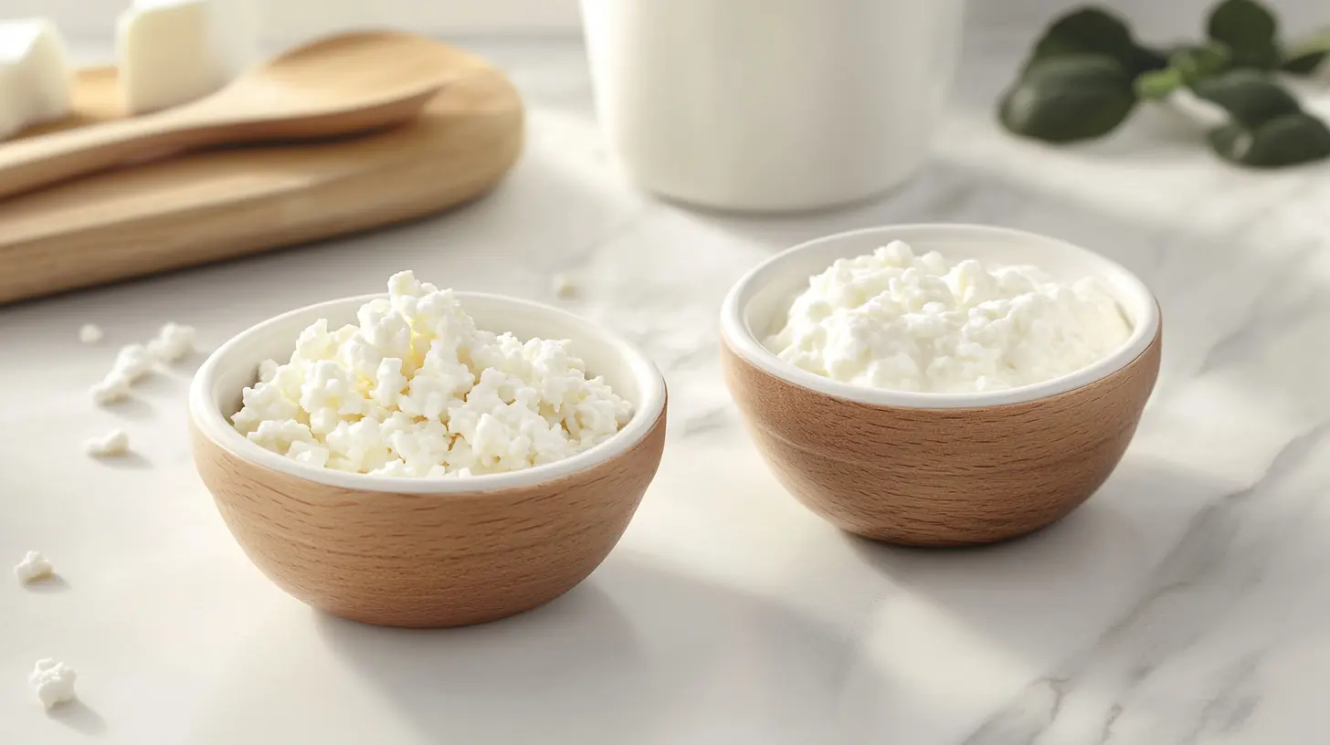 A comparison of cottage cheese and curd in bowls.