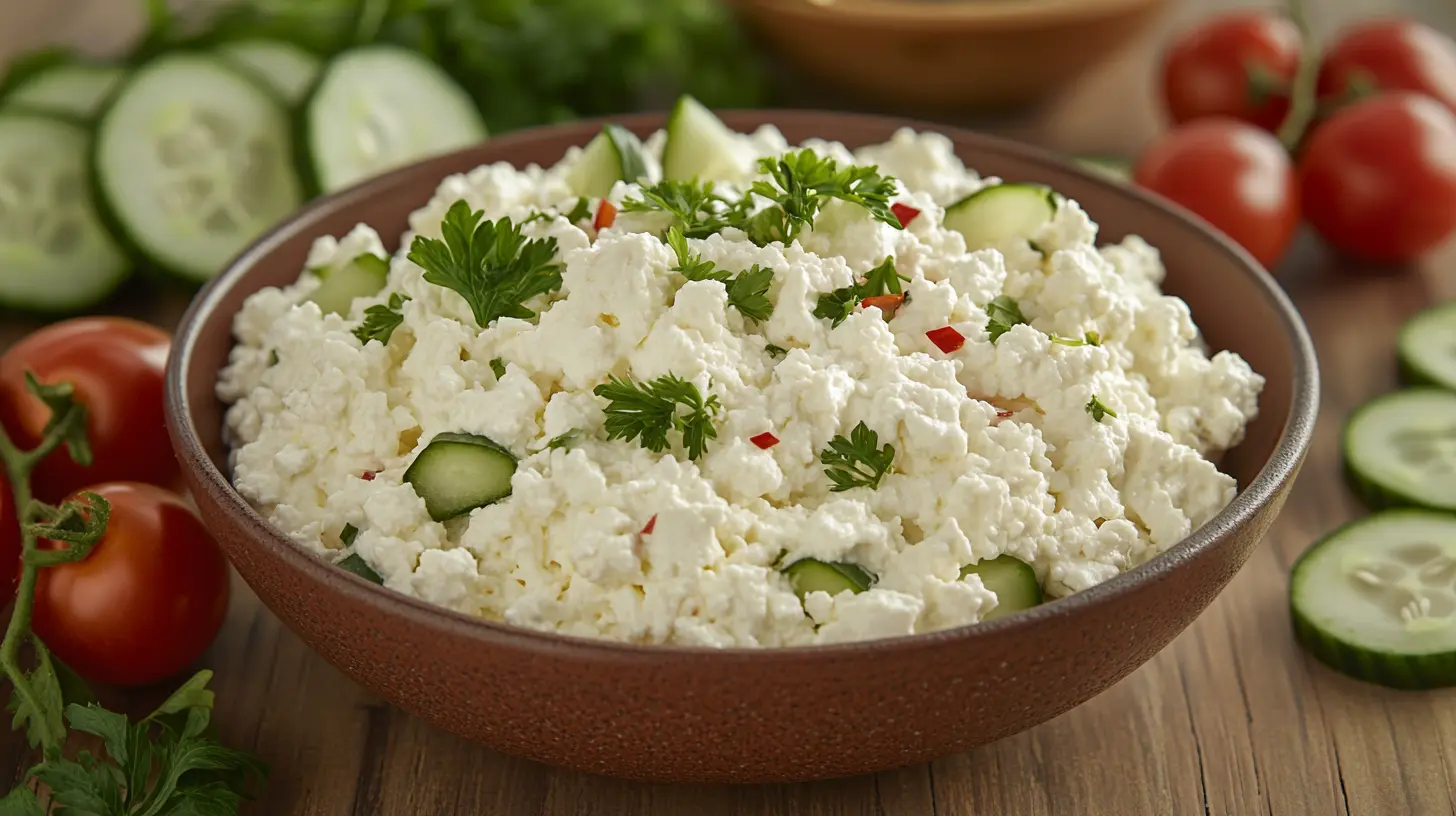 A bowl of creamy low salt cottage cheese with fresh herbs and vegetables.