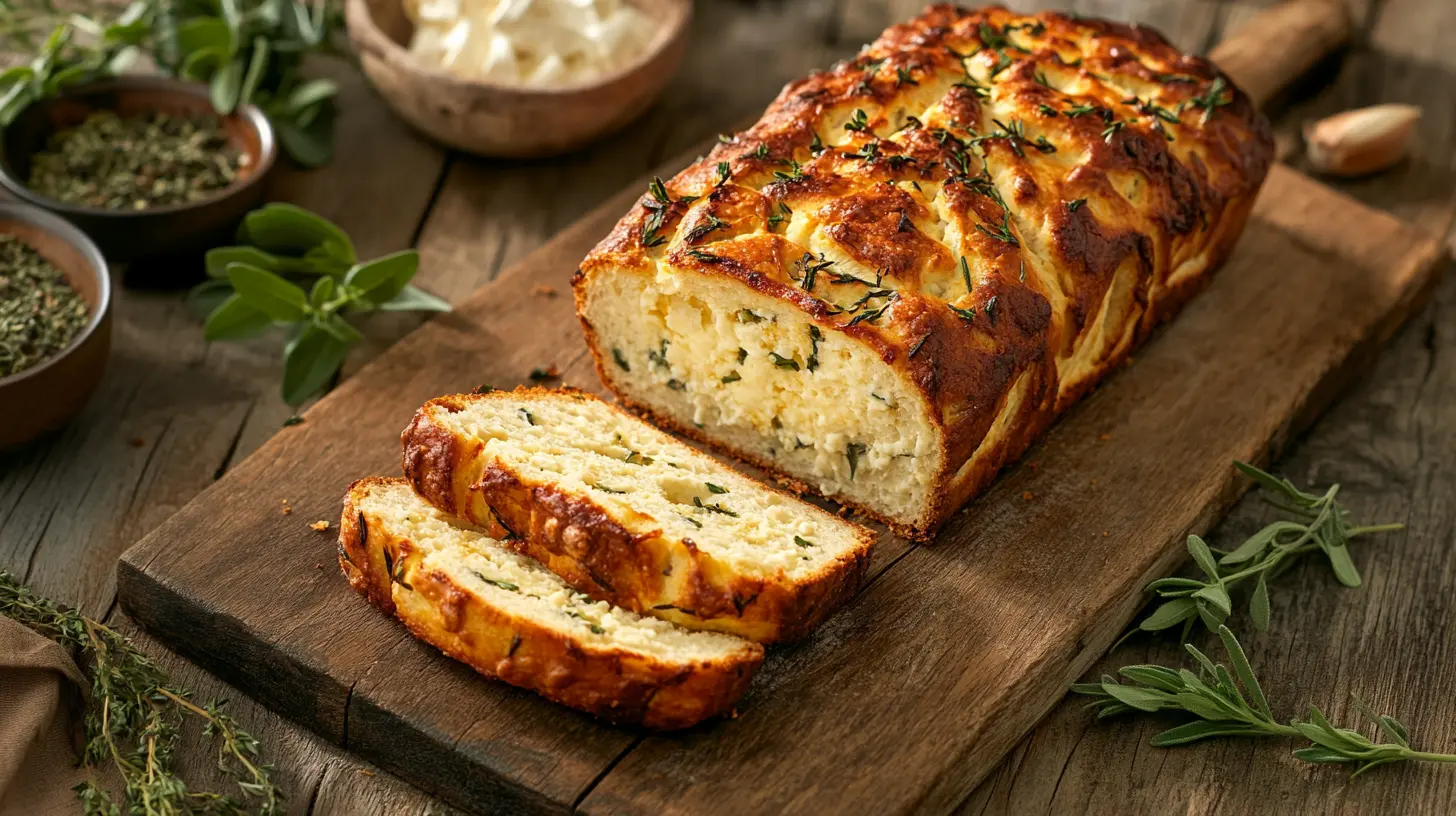 Freshly baked Cottage Cheese Bread loaf on a wooden cutting board