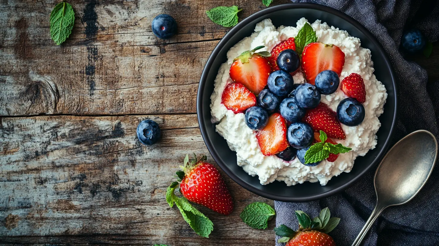 A bowl of low fat cottage cheese topped with fresh fruits