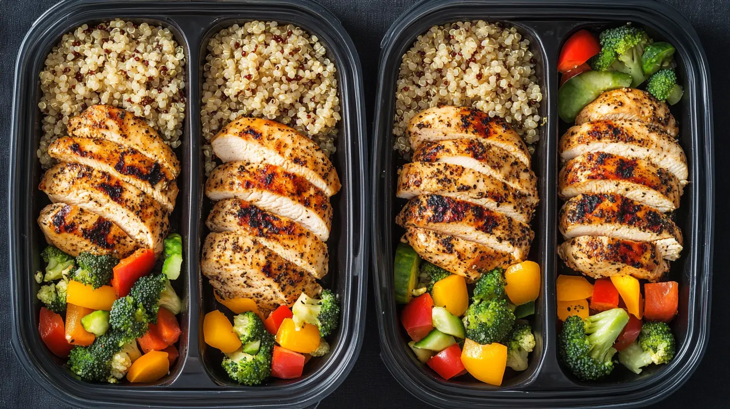 A selection of healthy chicken meal prep containers with grilled chicken, brown rice, and steamed vegetables.