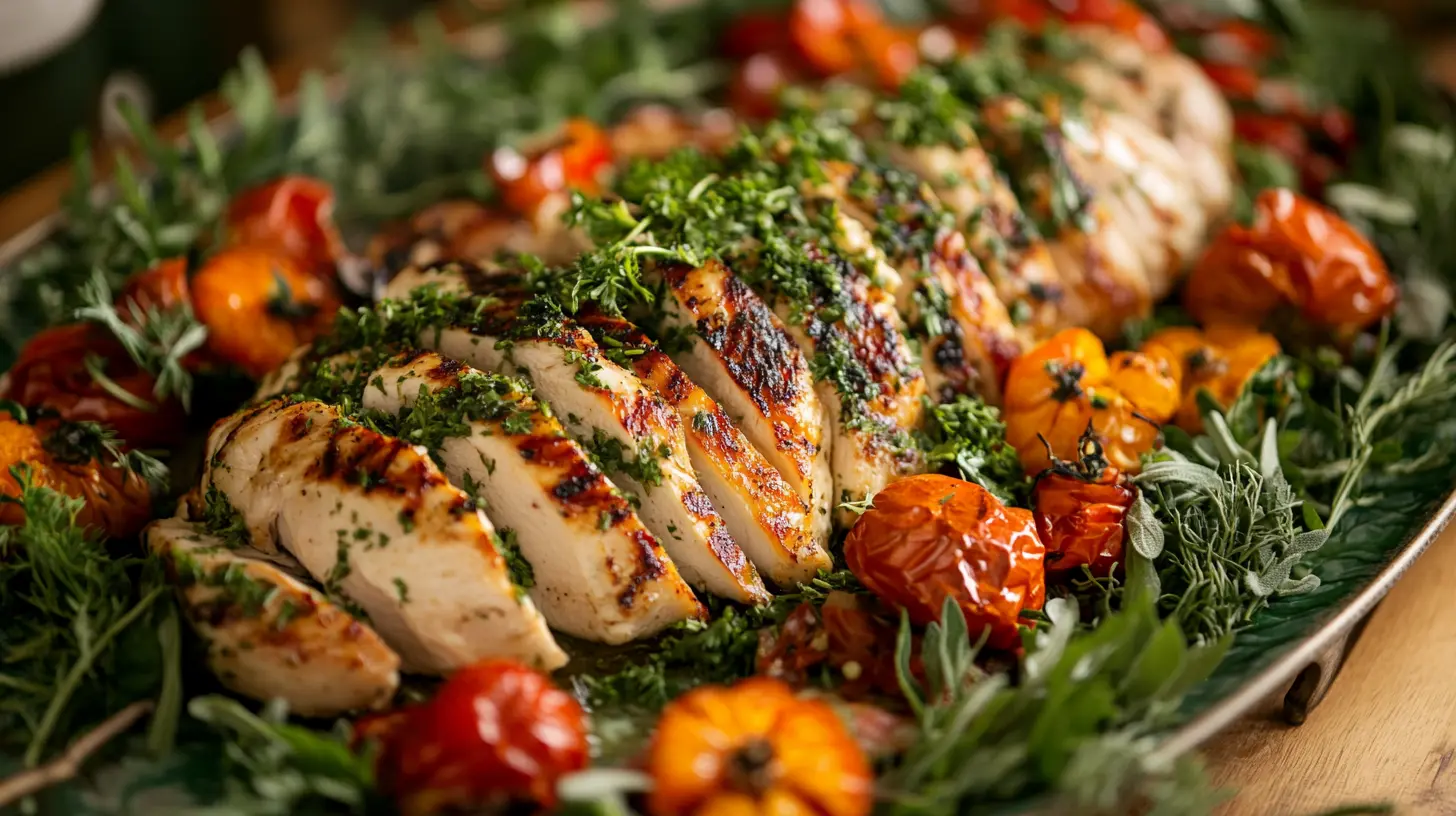 A platter of healthy chicken dishes including baked, grilled, and poached chicken breast.