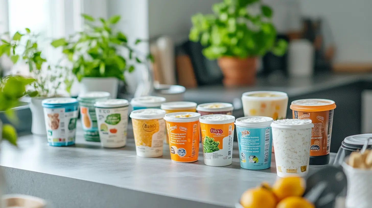 A variety of cottage cheese containers on a kitchen counter