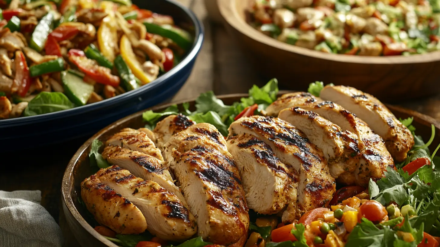 A variety of high protein chicken dishes including grilled chicken, salads, and stir-fries on a rustic table.