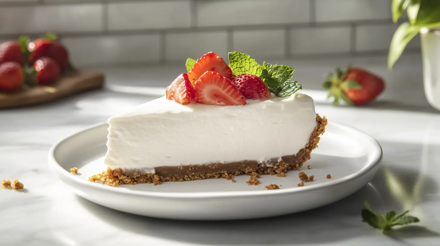 A slice of creamy no-bake cheesecake on a plate with a graham cracker crust and berry garnish.