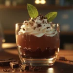 A decadent chocolate mousse garnished with whipped cream and chocolate shavings.