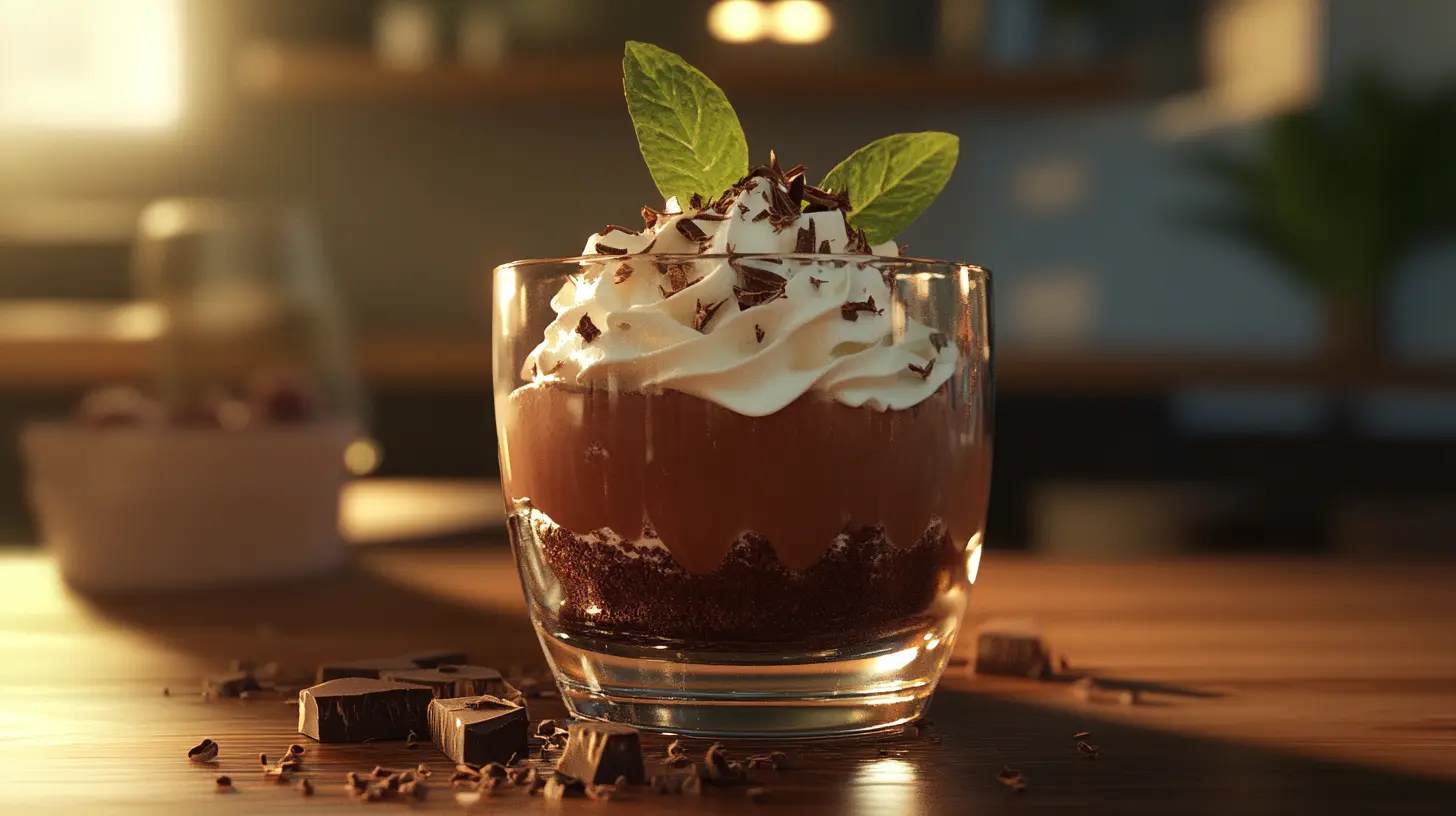 A decadent chocolate mousse garnished with whipped cream and chocolate shavings.