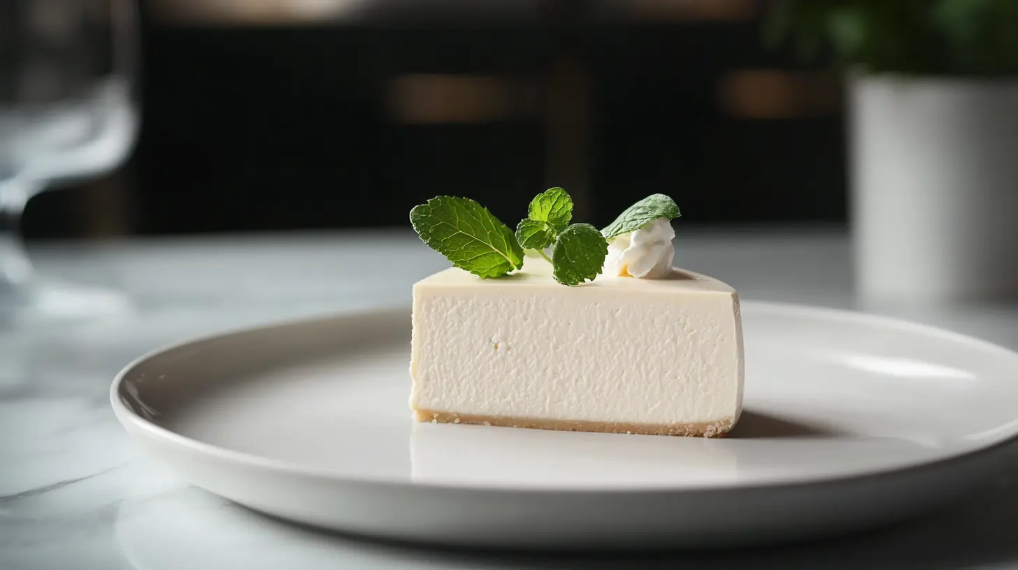 A slice of creamy 3 ingredient cheesecake on a white plate with a fork beside it.